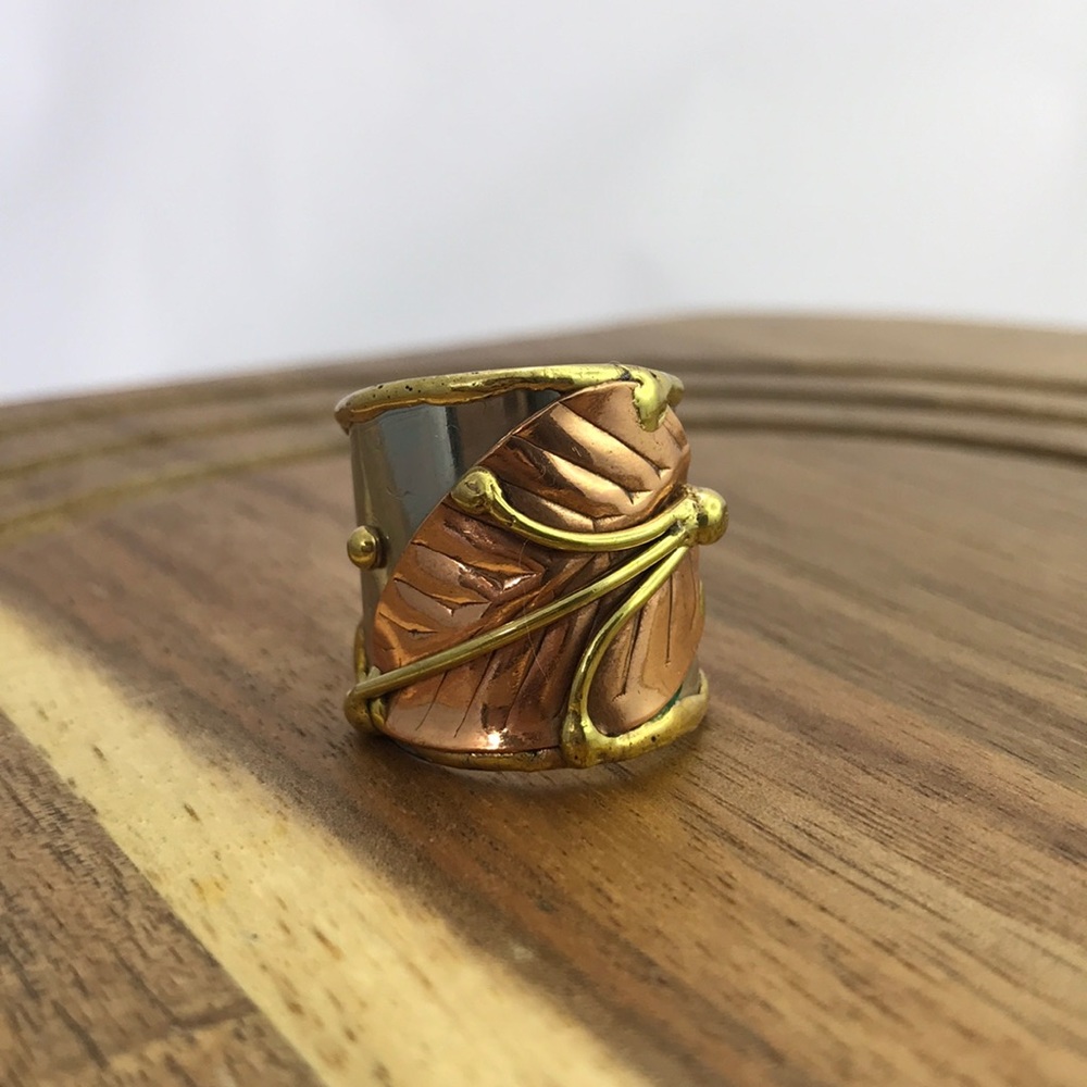 COPY - Mixed Metal Leaf Cuff Ring Artisan Adjusta…
